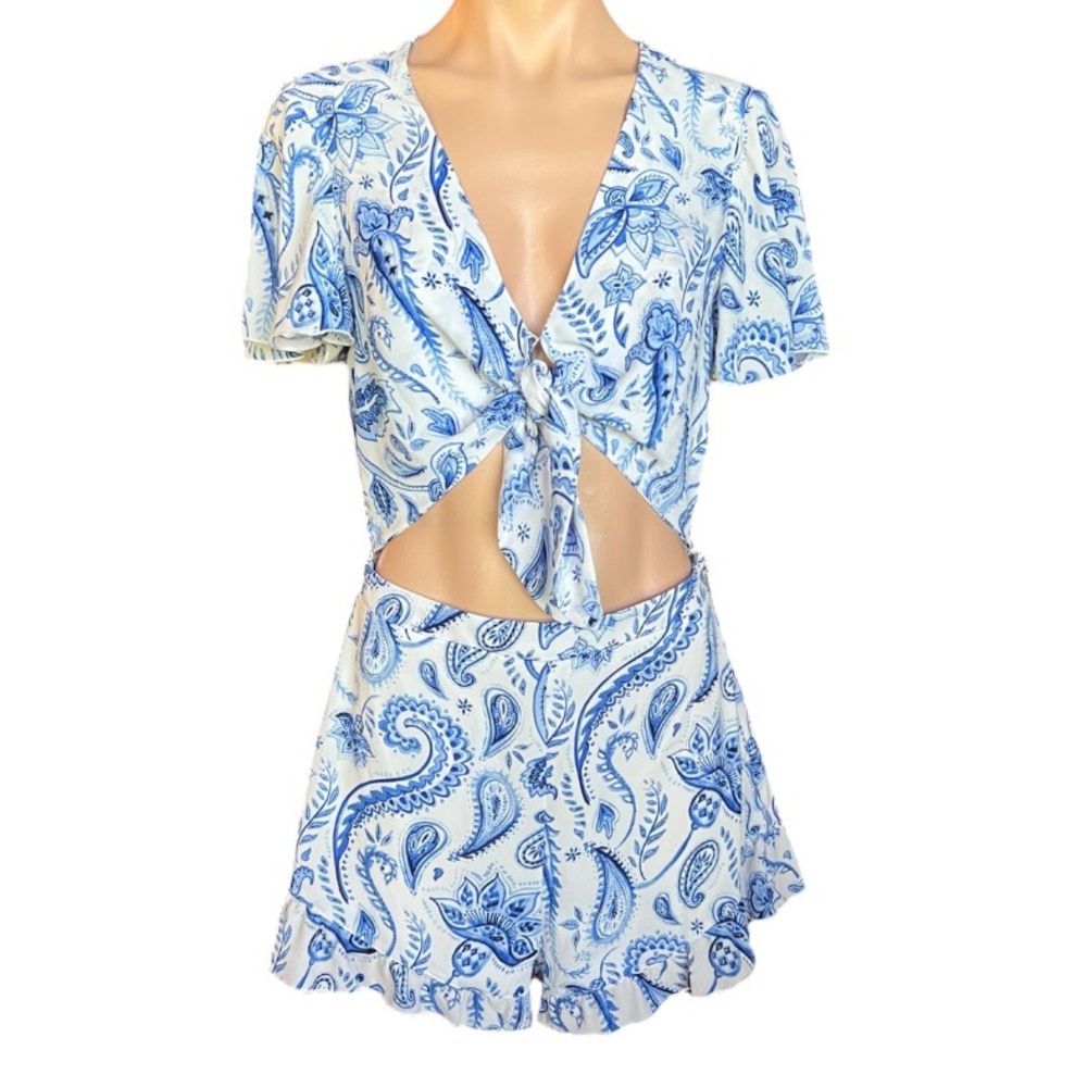 Show Me Your MuMu Blue and White Paisley Romper